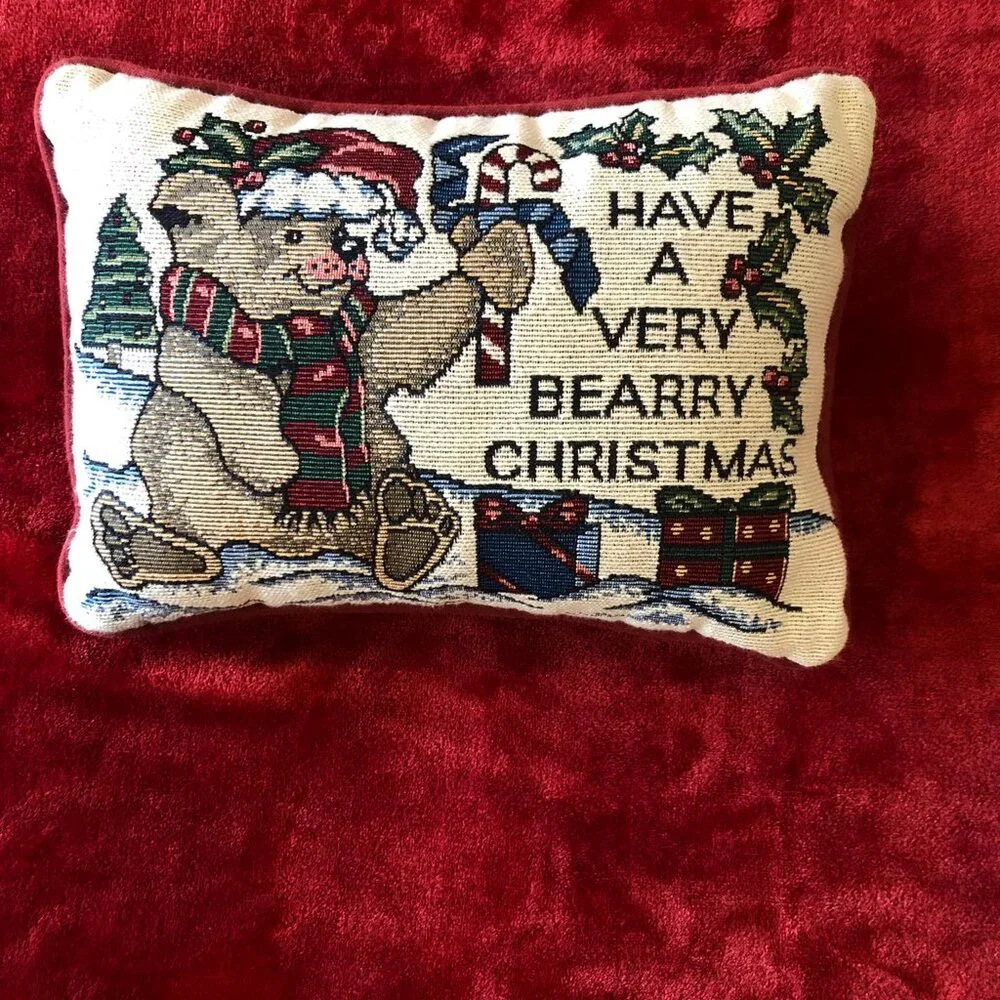 Christmas Accent Pillow Bear Tapestry 12”x8” “Have A Very Bearry Christmas”